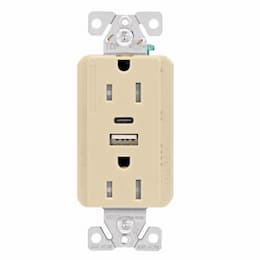 15 Amp TR Duplex Receptacle, 5.0 Amp USB A & C, 5-15R, 125V, Ivory