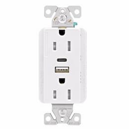 15 Amp TR Duplex Receptacle, 5.0 Amp USB A & C, 5-15R, 125V, White