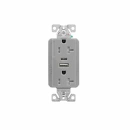 20 Amp Duplex Receptacle w/ USB AC Charger, Tamper Resistant, Gray