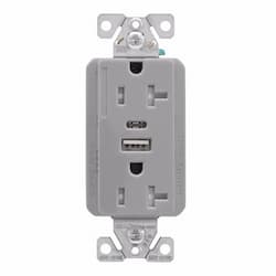 20 Amp TR Duplex Receptacle, 5.0 Amp USB A & C, 5-20R, 125V, Gray