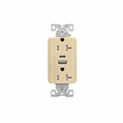 20 Amp Duplex Receptacle w/ USB AC Charger, Tamper Resistant, Ivory