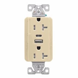 20 Amp TR Duplex Receptacle, 5.0 Amp USB A & C, 5-20R, 125V, Ivory