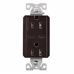 15 Amp TR Duplex Receptacle, 5.0 Amp Dual USB C, 5-15R, 125V, Brown