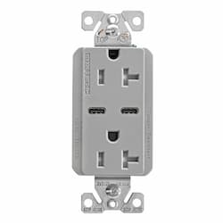 15 Amp Combo USB Type C Charger w/TR Duplex Receptacle, Gray