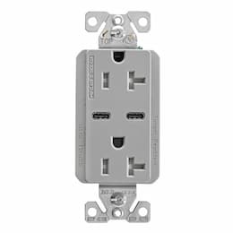 15 Amp Combo USB Type C Charger w/TR Duplex Receptacle, Gray