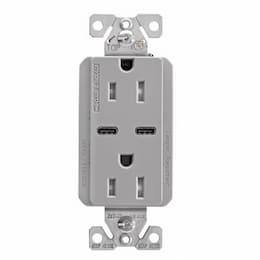 15 Amp TR Duplex Receptacle, 5.0 Amp Dual USB C, 5-15R, 125V, Gray