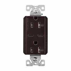 20 Amp TR Duplex Receptacle, 5.0 Amp Dual USB C, 5-20R, 125V, Brown