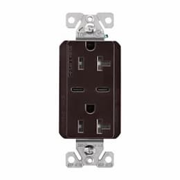 20 Amp TR Duplex Receptacle, 5.0 Amp Dual USB C, 5-20R, 125V, Brown