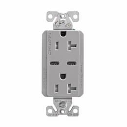 20 Amp TR Duplex Receptacle, 5.0 Amp Dual USB C, 5-20R, 125V, Gray