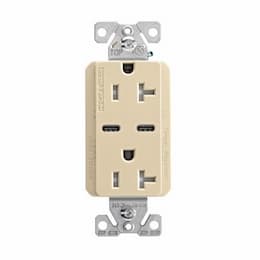 20 Amp TR Duplex Receptacle, 5.0 Amp Dual USB C, 5-20R, 125V, Ivory