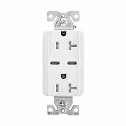 20 Amp TR Duplex Receptacle, 5.0 Amp Dual USB C, 5-20R, 125V, White