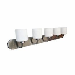 60W Paris Vanity, 5-Light, White Cylinder Glass, Brushed Nickel