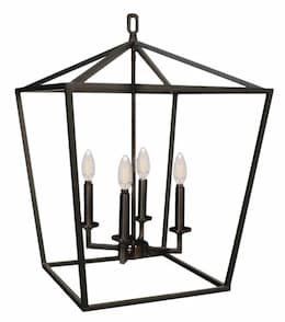 60W Open Cage Pendant Light, 4 Light, Matte Black