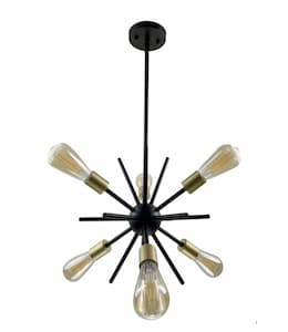 60W Sputnik Chandelier, 6 Light, Matte Black/Matte Gold