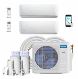 18K BTU/H Ductless Mini Split System, 2-Zone (9K & 9K), 16 & 50-ft, 35A, 230V