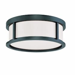 60W 15in Odeon Flush Mount, White Satin, Aged Bronze