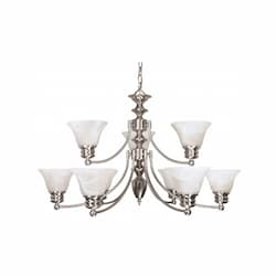 60W Empire Series Chandelier w/ Alabaster Glass, 2 Tier, 9 Lights, Brushed Nickel