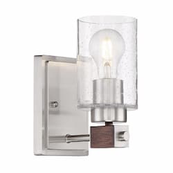 60W Arabel Vanity Fixture w/ Clear Seeded Glass, 1 Light, Brushed Nickel & Nutmeg Wood