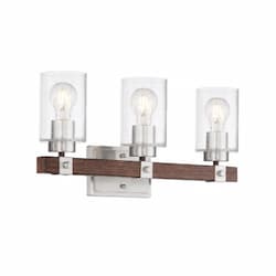 60W Arabel Series Vanity Light w/ Seeded Glass, 3 Lights, Brushed Nickel & Nutmeg Wood