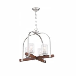 60W Arabel Series Chandelier w/ Seeded Glass, 4 Lights, Brushed Nickel & Nutmeg Wood