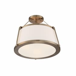 60W Cutty Series Semi Flush Mount Light w/ White Fabric Shade, 3 Lights, Burnished Brass