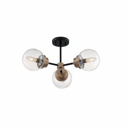 60W Axis Series Semi Flush Ceiling Light w/ Clear Glass, 3 Lights, Matte Black & Brass