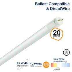 12W 4-ft LED T8 Tube, 1300 lm, Hybrid, 4000K