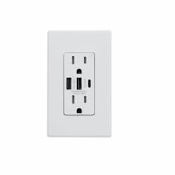 USI 15 Amp Duplex Receptacle, Type A & C USB, Tamper Resistant, White