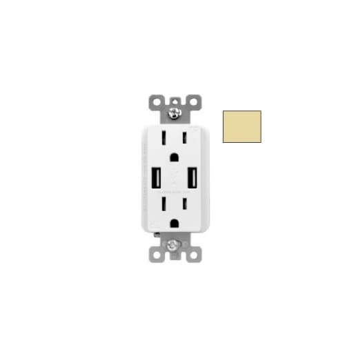 Aida 15A Duplex Receptacle w/ 3.6A Dual USB, TR, 120V, Ivory