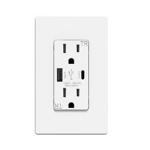 Aida 15A Duplex Receptacle w/ 5.0A Dual Type A+C USB, TR, 125V, White