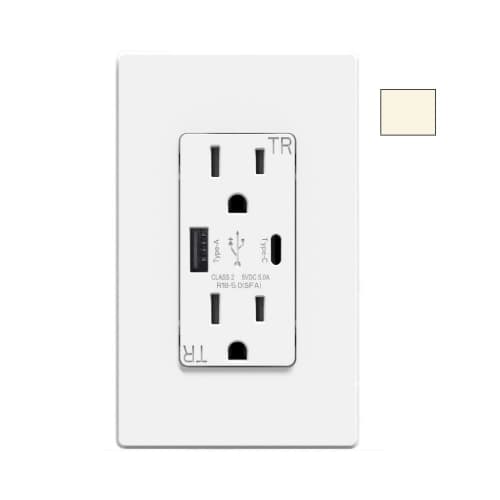 Aida 15A Duplex Receptacle w/ 5.0A Dual Type A+C USB, TR, 125V, LT Almond