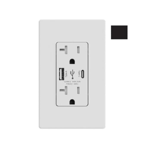 Aida 20A Duplex Receptacle w/ 5.0A Dual Type A+C USB, TR, 125V, Black