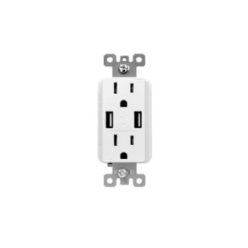 Aida 15A Duplex Receptacle w/ 5.4A Dual Type A USB, TR, 125V, White