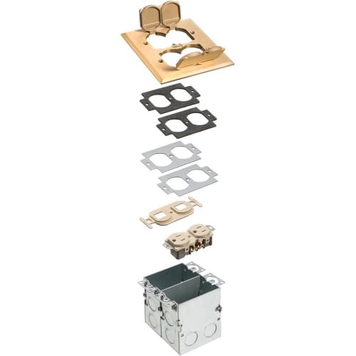 Arlington Industries Combo Floor Box w/ Flip Lid, Receptacle & Low Voltage Divider, Brass