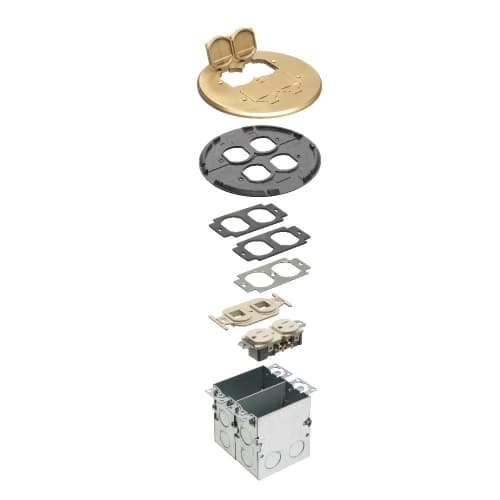 Arlington Industries 2-Gang Floor Box w/ Flip Lid, Receptacle & LV, Round, Steel, Brass