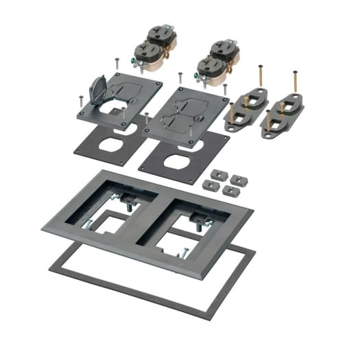 Arlington Industries 2-Gang Frame Kit w/ Flip Lids & Receptacle for Gangable Box, Plastic, BK