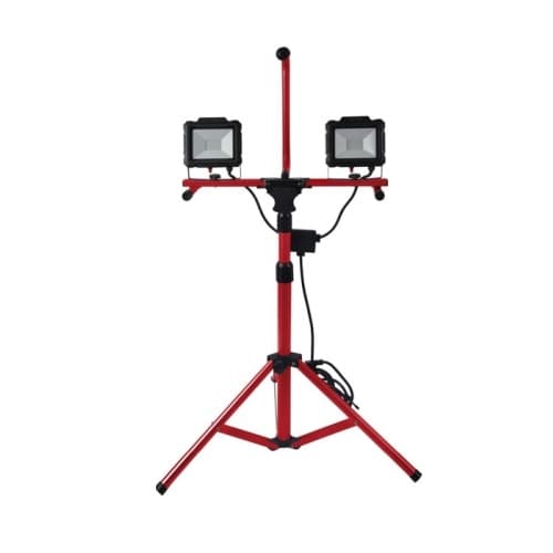 CyberTech 40W LED Work Light Tripod w/ 10-ft Cord, Dual Head, 4000 lm, 5000K, Red