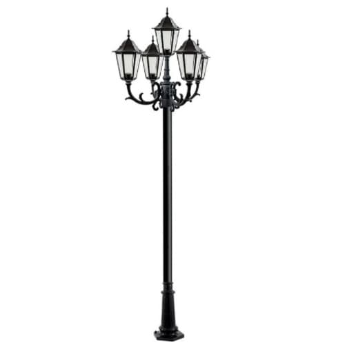 Dabmar 16W 10-ft LED Lamp Post, Five-Head, 1600 lm, 120V, Black/Clear, 6500K