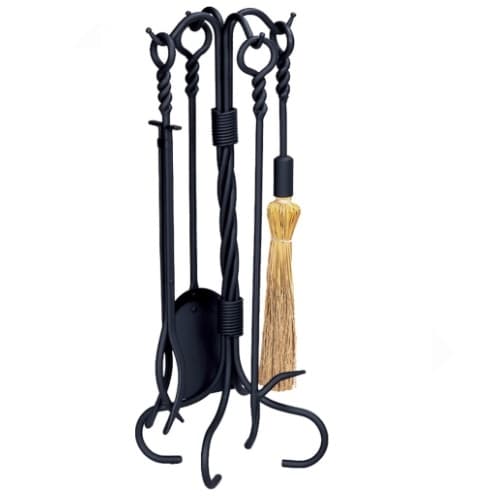 UniFlame 31-in Fireset w/ Ring & Twist Handles, 5-Piece, Wrought Iron, Black