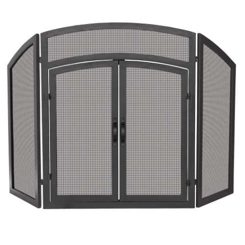 UniFlame Fireplace Screen w/ Arch Top & Doors, Wrought Iron, 3-Panel, Black