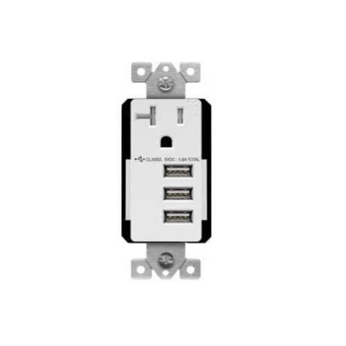 Enerlites 20 Amp Interchangeable Triple USB Charger Tamper Resistant Single Receptacle, White