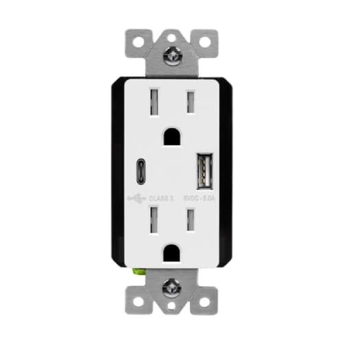 Enerlites 15A Duplex Receptacle w/ 5.0A Dual Type A+C USB, TR, 125V, White