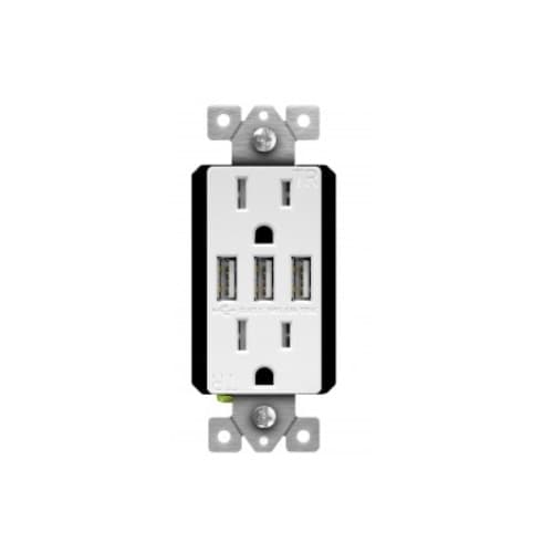 Enerlites 15 Amp Interchangeable Triple USB Type-A Charger Tamper Resistant Duplex Receptacle,White