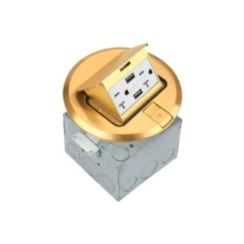 Enerlites 1-Gang Pop-up USB Duplex Floor Box, Round, 20A, 125V, Brass