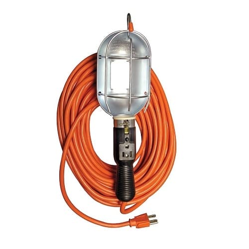 Ericson 50-ft 100W Handlamp, 5-15P Plug, Molded 5-15 Side Outlet, SJTW, 16/3