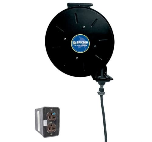 Ericson 50-ft Retractable Reel, NEMA 20A Plug & DPLX (2), 12/3 AWG, 125V, BLK