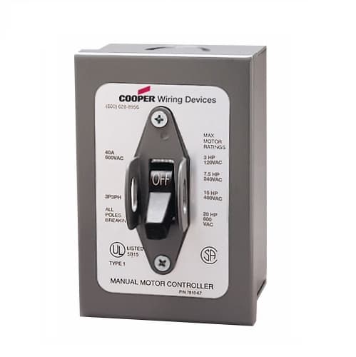 Eaton Wiring 40 Amp Motor Control Toggle Switch, NEMA Type 1, 600V, Grey