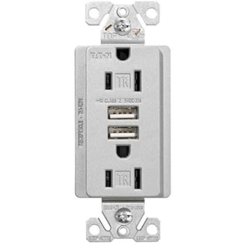 Eaton Wiring 15 Amp Tamper-Resistant Duplex Receptacle, 3.1 Amp USB, 125V, Silver