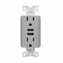 15 Amp TR Duplex Receptacle, 3.6 Amp Dual USB, 5-15R, 125V, Gray