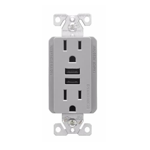 Eaton Wiring 15 Amp TR Duplex Receptacle, 3.6 Amp Dual USB, 5-15R, 125V, Gray